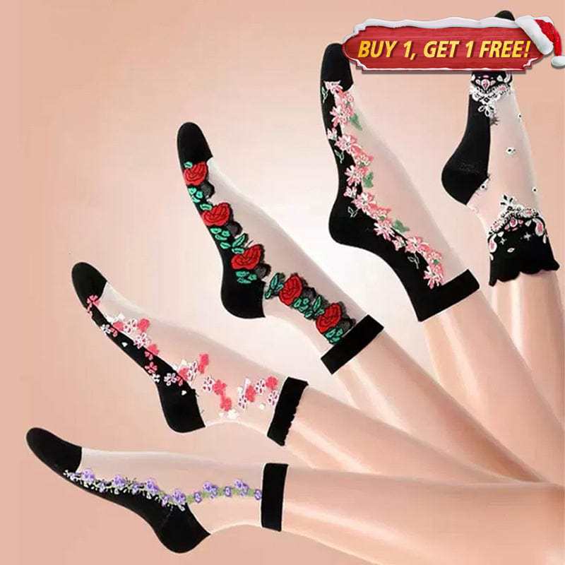 5 Pairs of Embroidered Floral Transparent Socks丨NueShiny