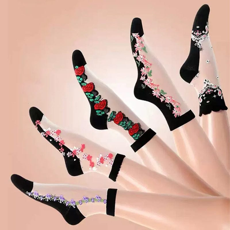 5 Pairs of Embroidered Floral Transparent Socks丨NueShiny