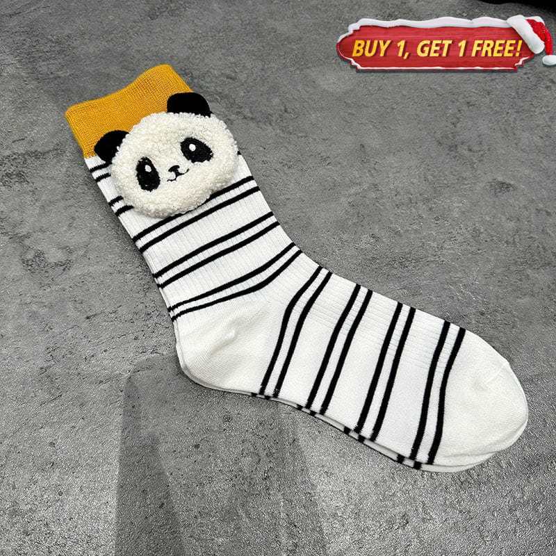 White Cartoon Striped Panda Socks丨NueShiny