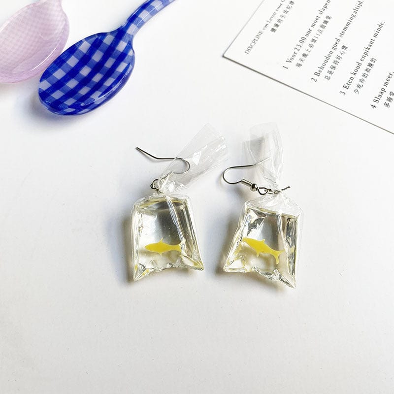 Novelty Japanese Transparent Water Bag Yellow Shark Earrings | NueShiny