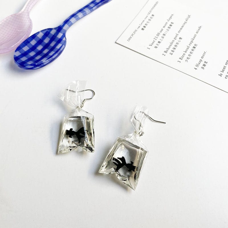 Novelty Japanese Transparent Water Bag Black Goldfish Earrings | NueShiny