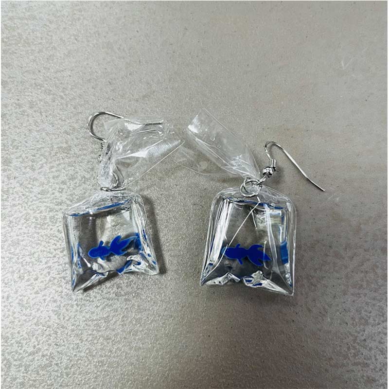 Novelty Japanese Transparent Water Bag Blue Goldfish Earrings | NueShiny