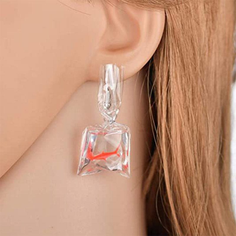 Novelty Japanese Transparent Water Bag Orange Goldfish Earrings | NueShiny