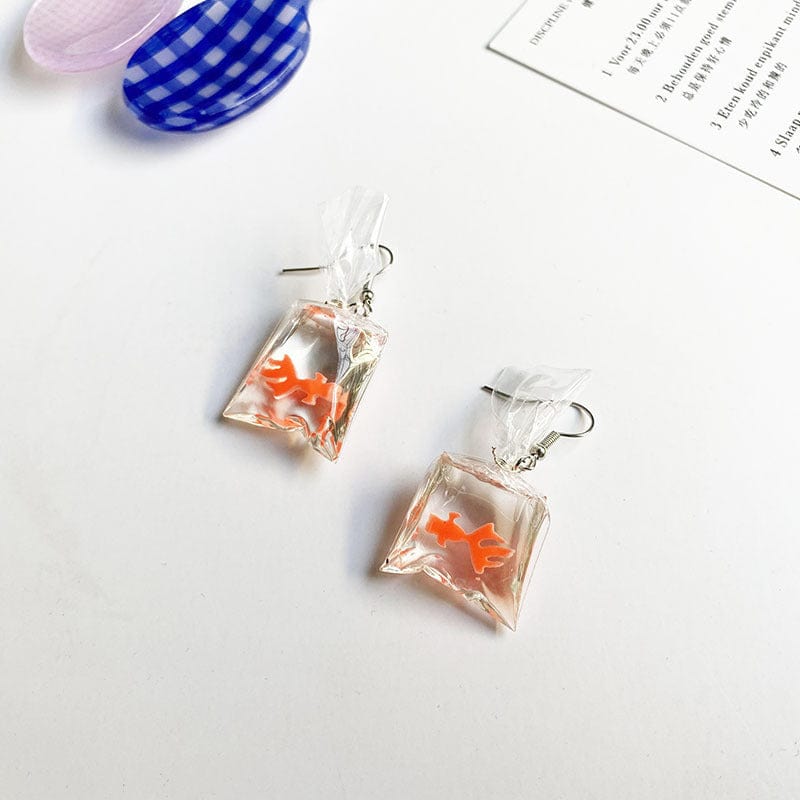 Novelty Japanese Transparent Water Bag Orange Goldfish Earrings | NueShiny