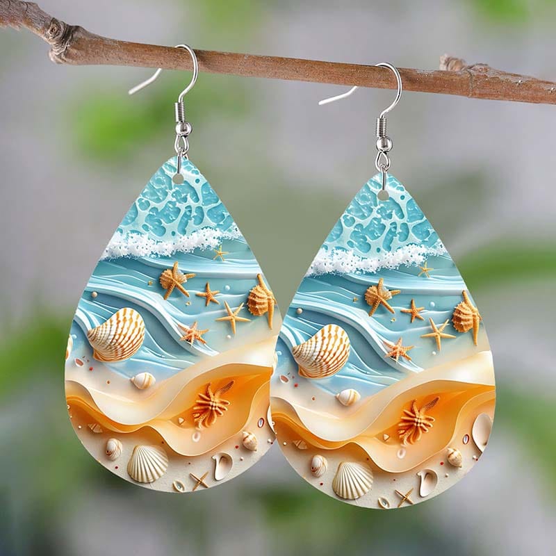 Silver Leather Beach Shell Earrings A | NueShiny