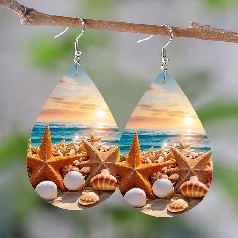 Silver Leather Beach Shell Earrings B | NueShiny