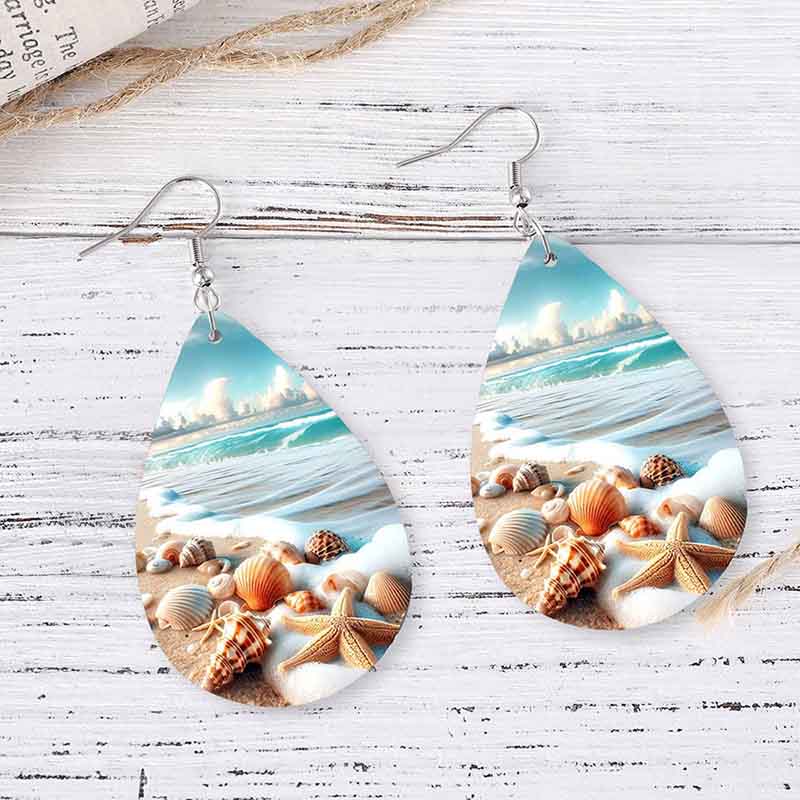 Silver Leather Beach Shell Earrings C | NueShiny