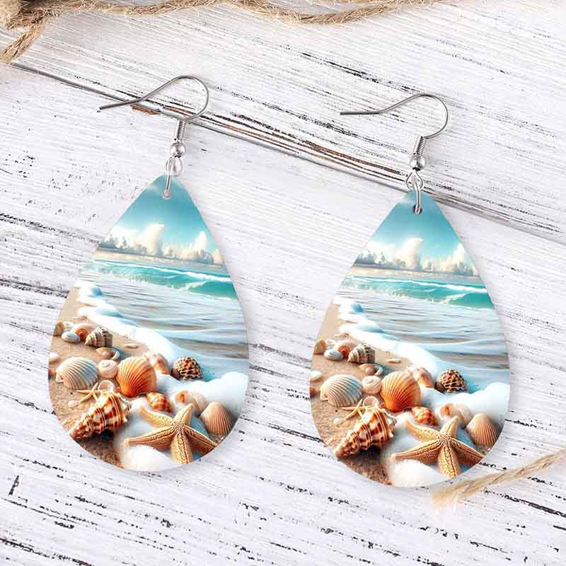 Silver Leather Beach Shell Earrings C | NueShiny