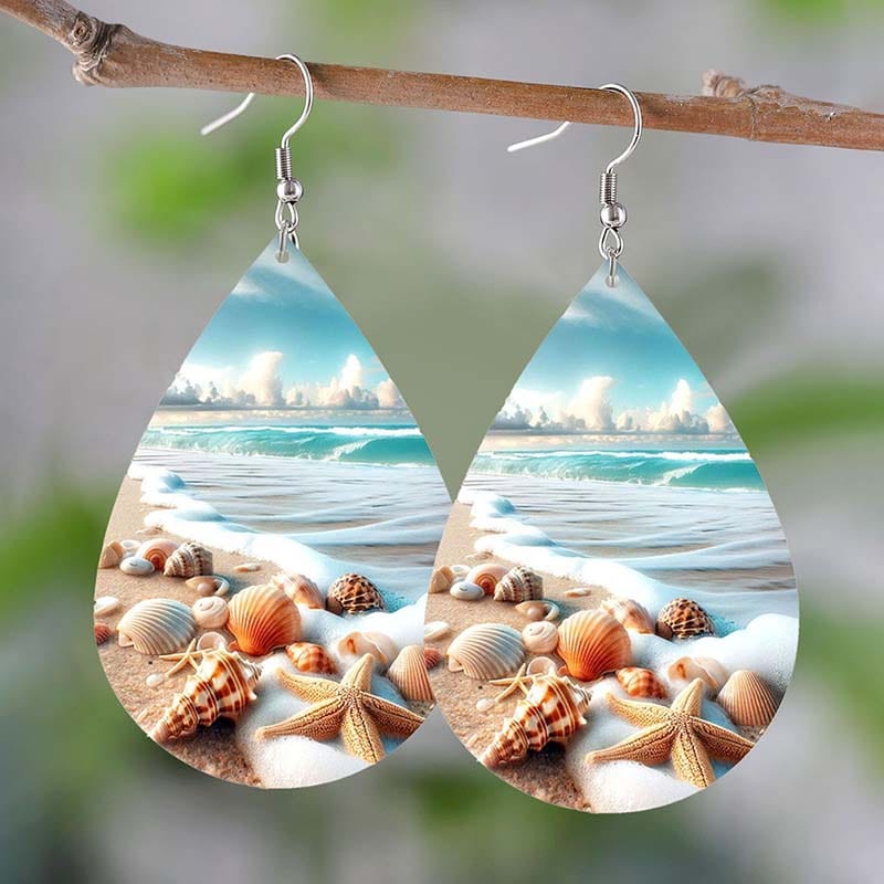 Silver Leather Beach Shell Earrings C | NueShiny