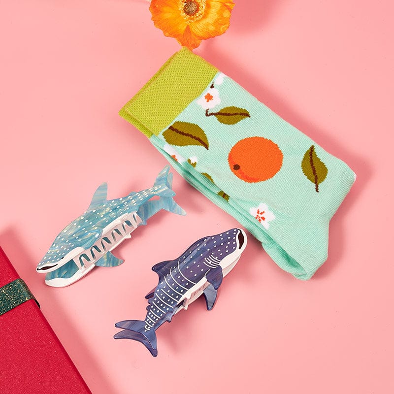 Blue Green Whale Swimming Hair Claw Socks 3 Pcs Gift Set | NueShiny