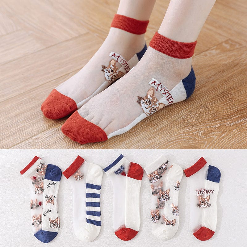 5 Pairs of Cat Theme Transparent Socks丨NueShiny