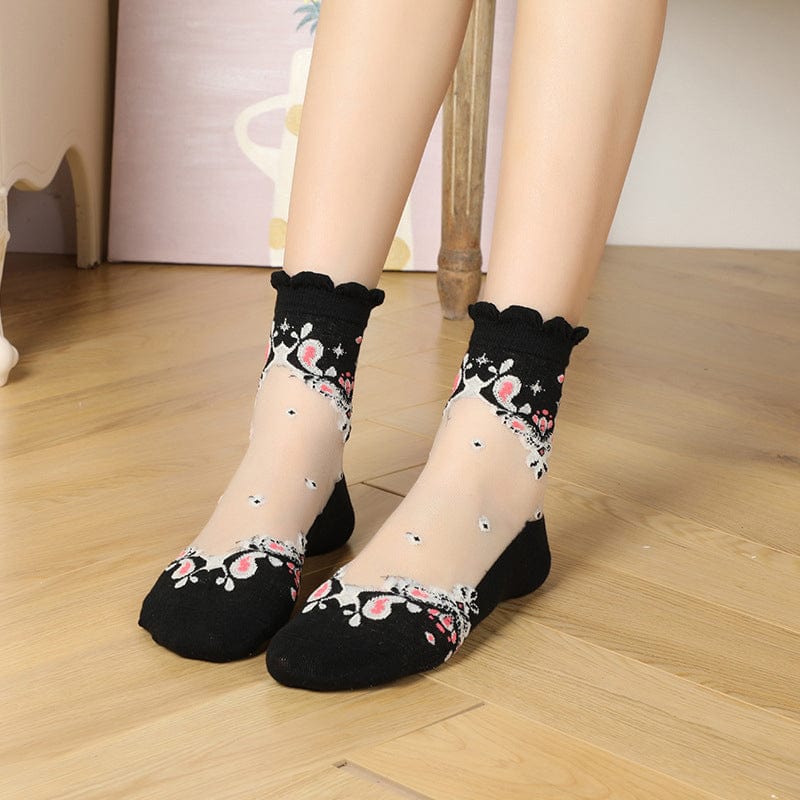 5 Pairs of Embroidered Floral Transparent Socks丨NueShiny