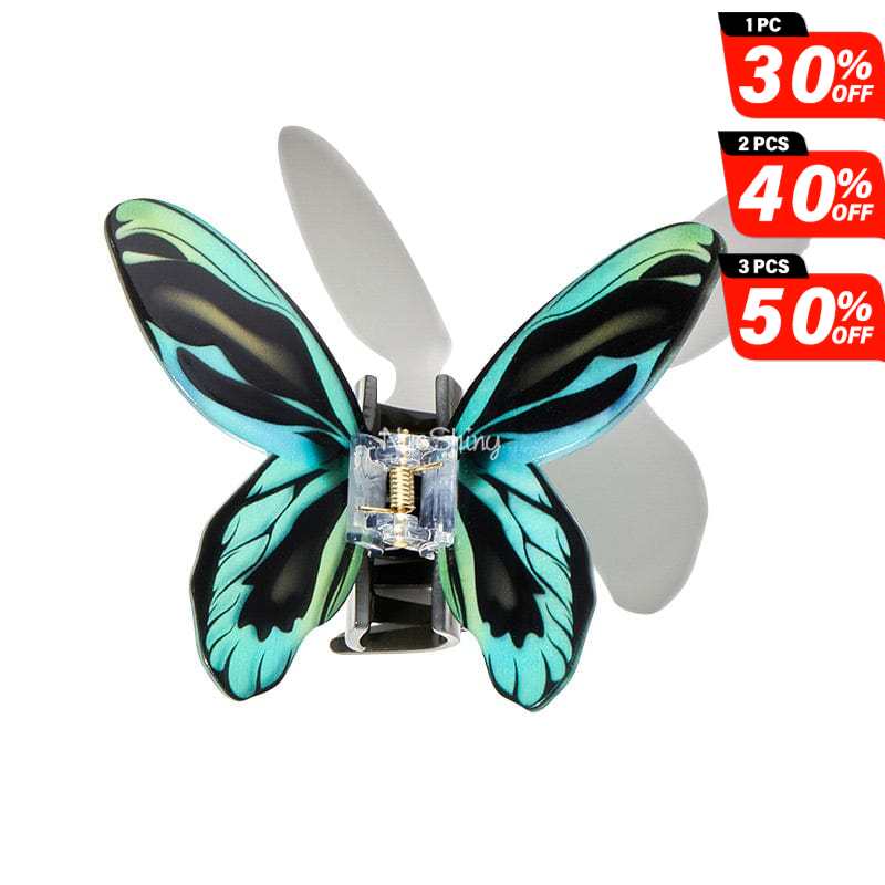 Large Floral Flutter Charm Cyan Butterfly Hair Claw丨NueShiny