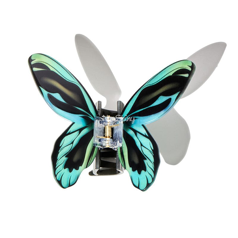 Large Floral Flutter Charm Cyan Butterfly Hair Claw丨NueShiny