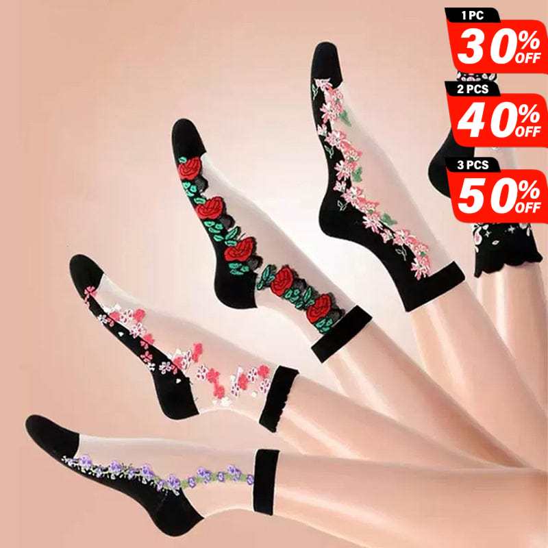 5 Pairs of Embroidered Floral Transparent Socks丨NueShiny