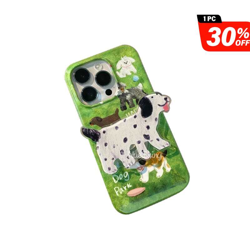 Dogs Playing on Grass Phone Case with Spotted Dog Holder for Apple 14promax/13/12pro/11/xr/xs