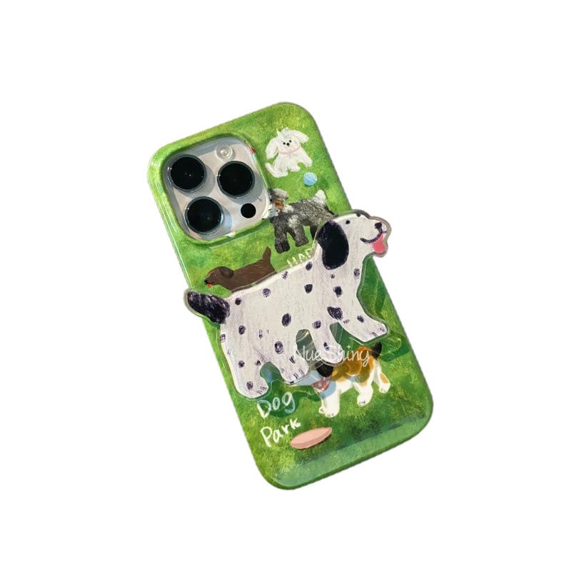 Dogs Playing on Grass Phone Case with Spotted Dog Holder for Apple 14promax/13/12pro/11/xr/xs