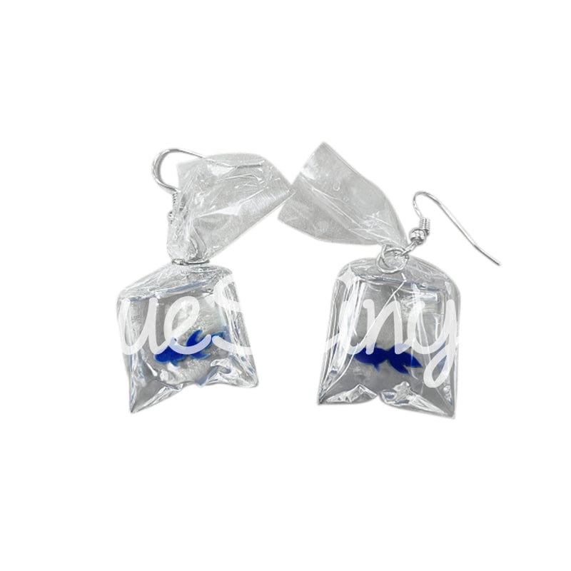 Novelty Japanese Transparent Water Bag Blue Goldfish Earrings | NueShiny