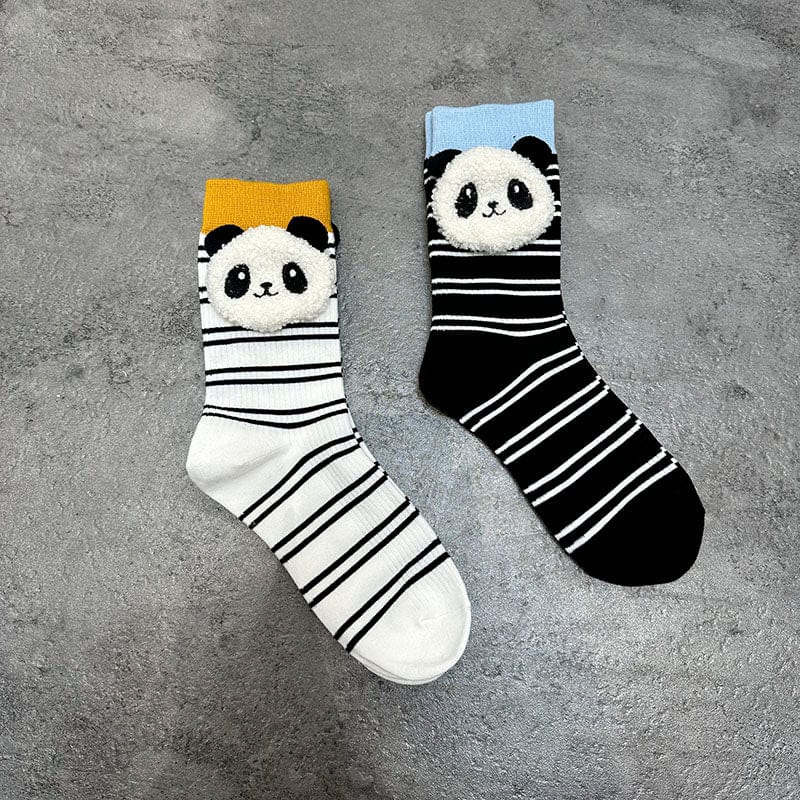 Black Cartoon Striped Panda Socks丨NueShiny