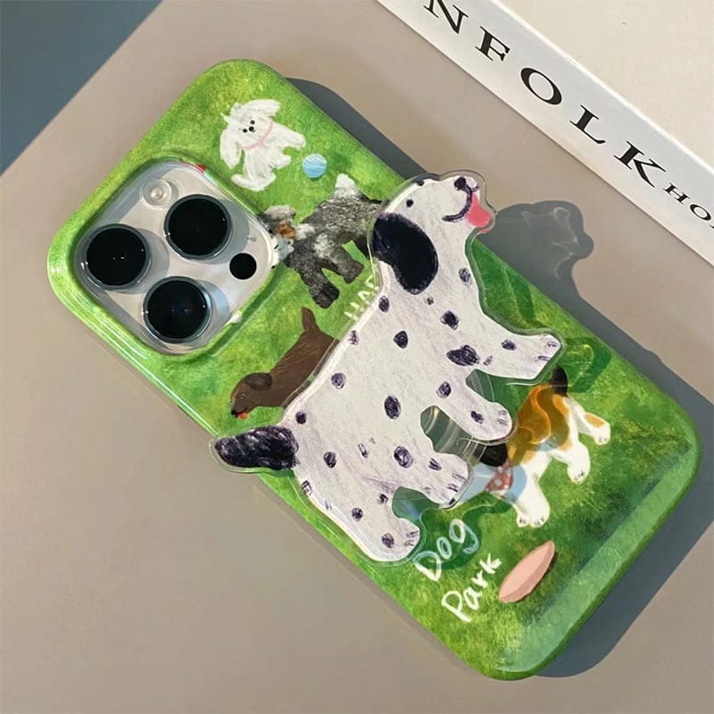 Dogs Playing on Grass Phone Case with Spotted Dog Holder for Apple 14promax/13/12pro/11/xr/xs