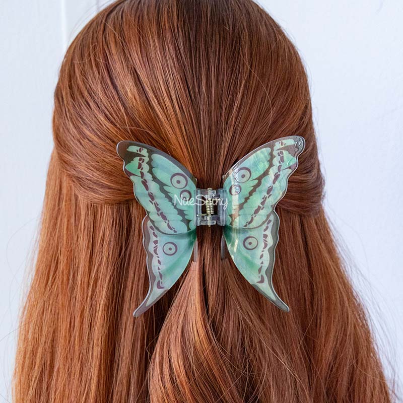 Large Floral Flutter Charm Green Butterfly Hair Claw丨NueShiny