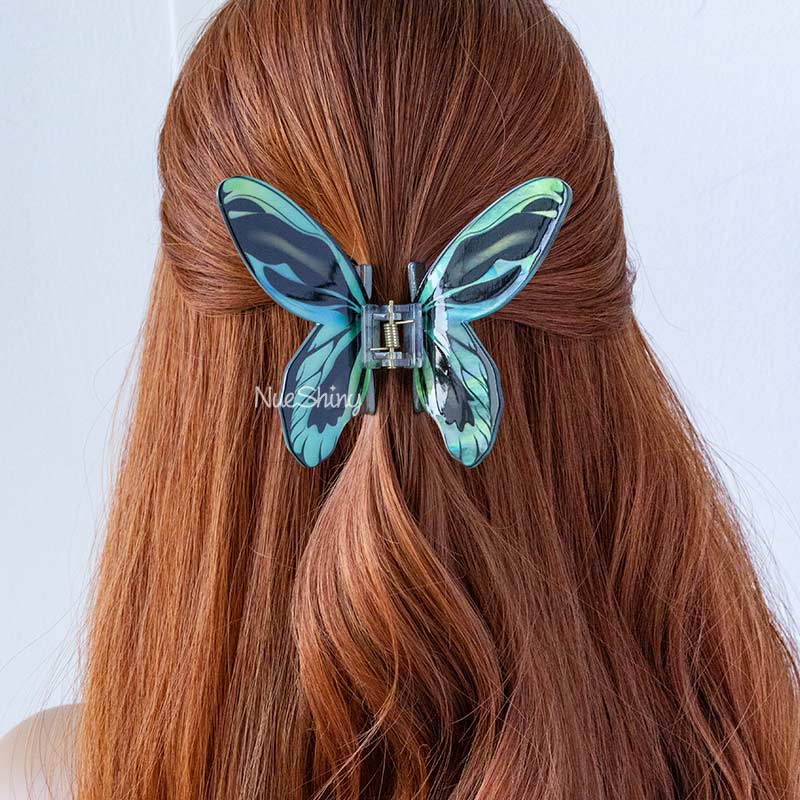 Large Floral Flutter Charm Cyan Butterfly Hair Claw丨NueShiny