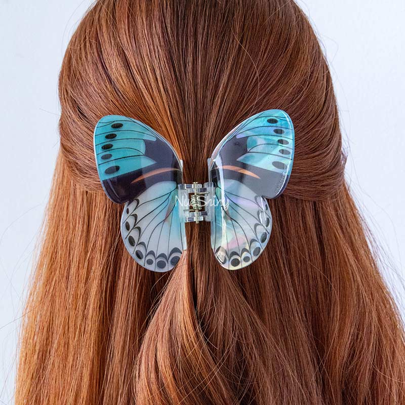 Large Floral Flutter Charm Turquoise Butterfly Hair Claw丨NueShiny