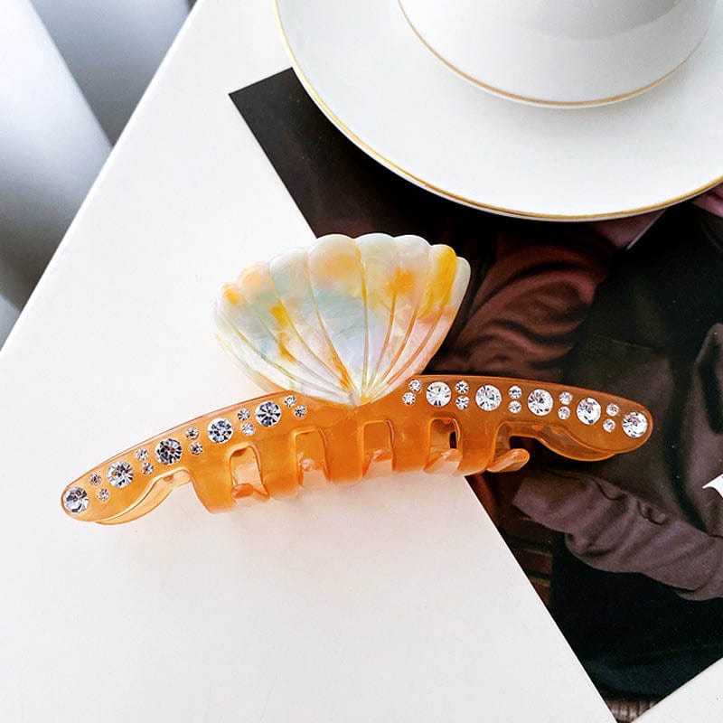 Large Orange Seashell And Diamond Hair Clip 丨NueShiny