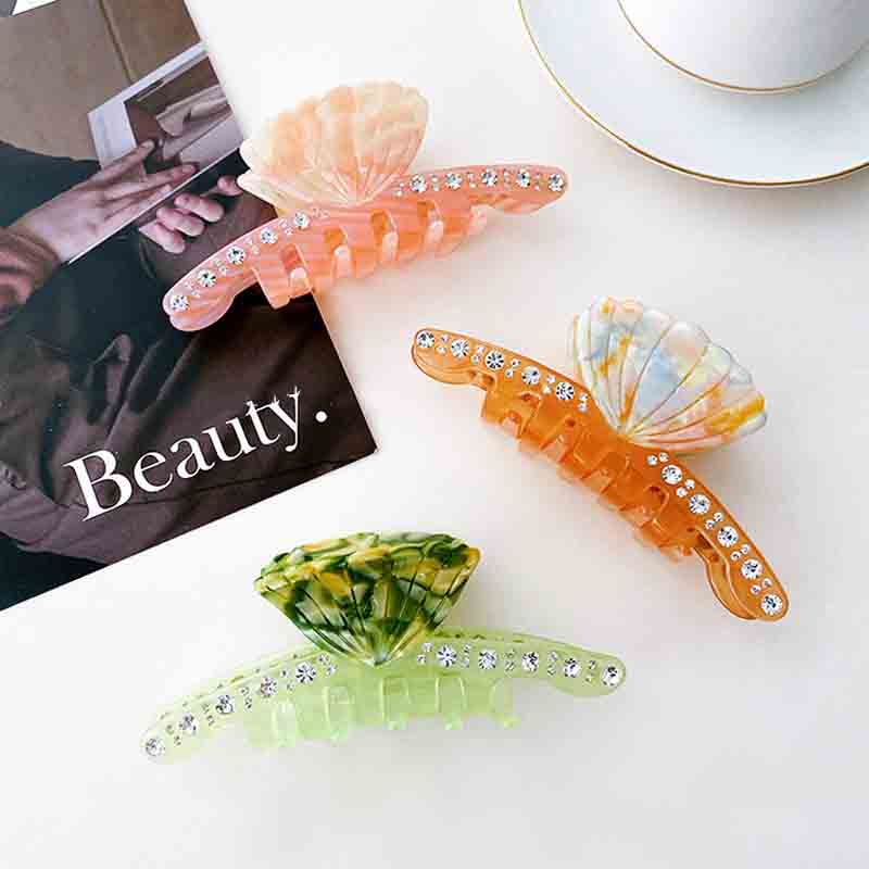 Large Orange Seashell And Diamond Hair Clip 丨NueShiny