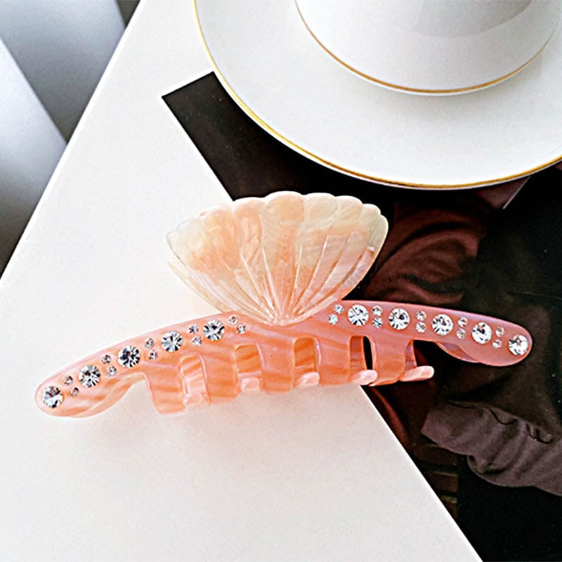 Large Pink Seashell And Diamond Hair Clip 丨NueShiny