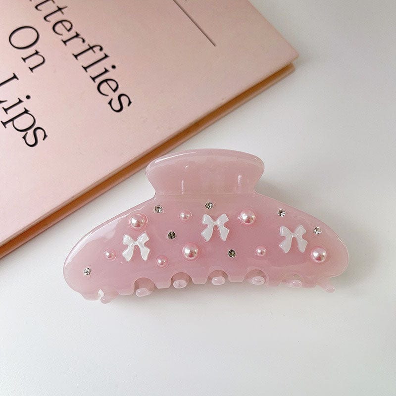 Large Pink Pearl Bow Tie Hair Claw | NueShiny