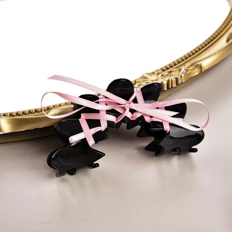 Medium Black Ribbon Bow Hair Claw | NueShiny