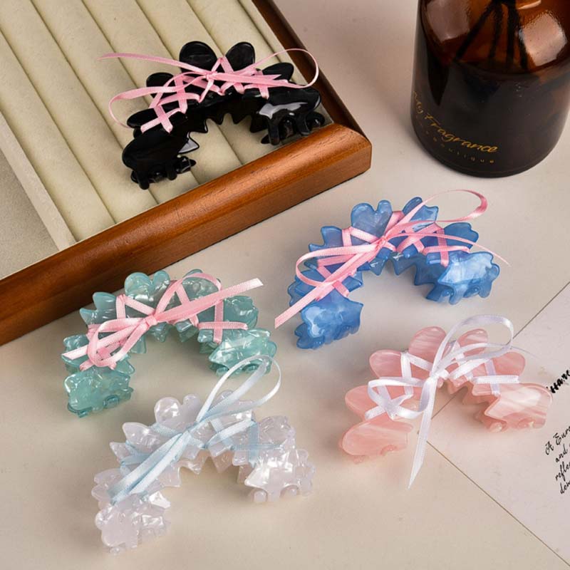 Medium Black Ribbon Bow Hair Claw | NueShiny