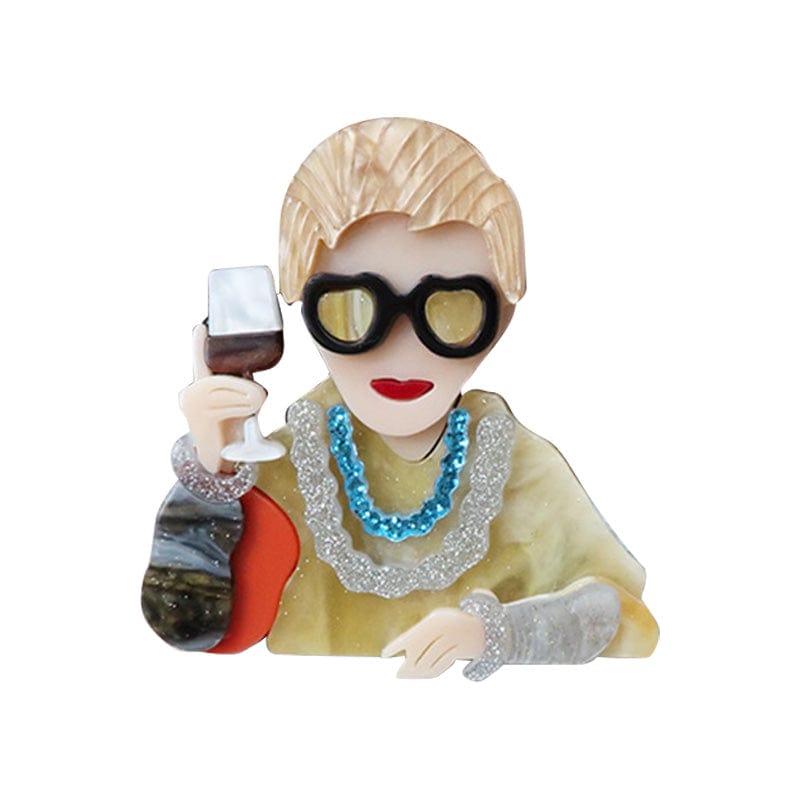 Brown quirky cool lady brooch holding a wine glass | NueShiny