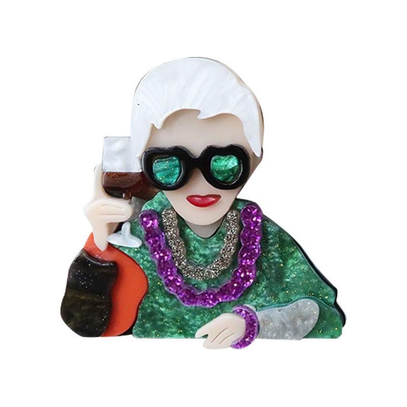 Green Quirky cool lady brooch holding a wine glass | NueShiny