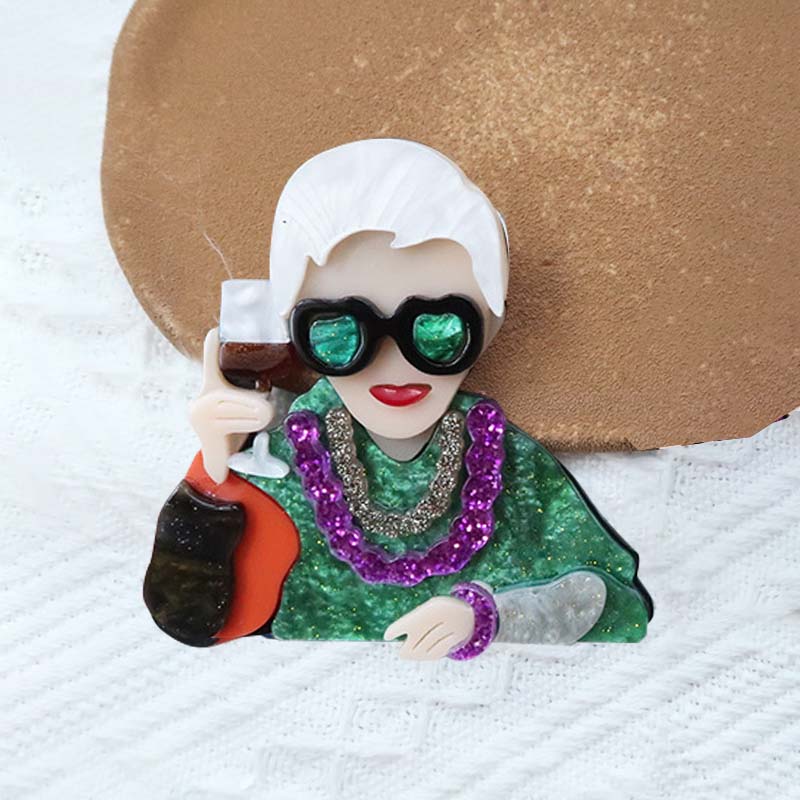 Green Quirky cool lady brooch holding a wine glass | NueShiny