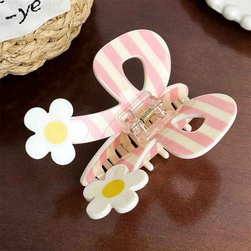 Medium  White Flower Stripes Line Butterfly Hair Claw Side Clip | NueShiny