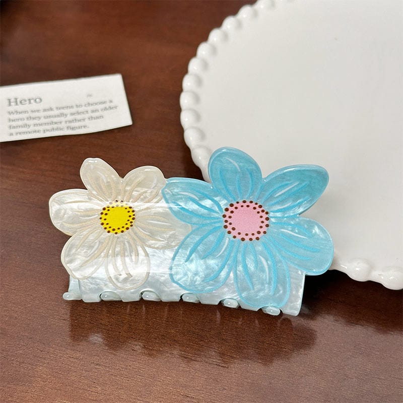 Medium White And Blue Double Flower Hair Claw | NueShiny