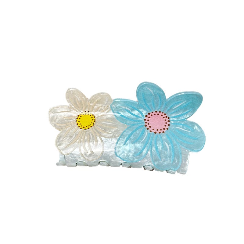 Medium White And Blue Double Flower Hair Claw | NueShiny