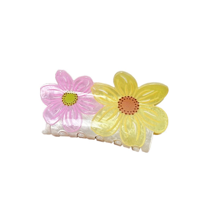 Medium Pink And Yellow Double Flower Hair Claw | NueShiny