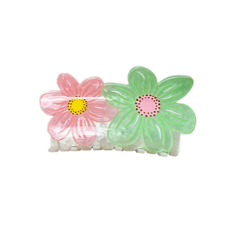 Medium Pink And Green Double Flower Hair Claw | NueShiny