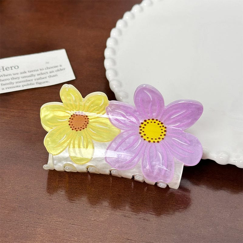 Medium Yellow And Purple Double Flower Hair Claw | NueShiny