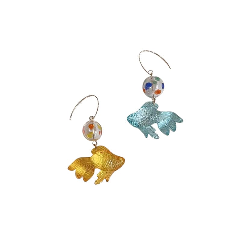 Asymmetric Glass Foam Goldfish Thread Earrings | NueShiny