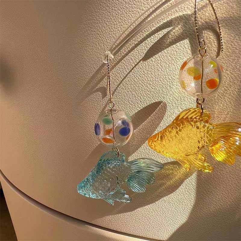 Asymmetric Glass Foam Goldfish Thread Earrings | NueShiny