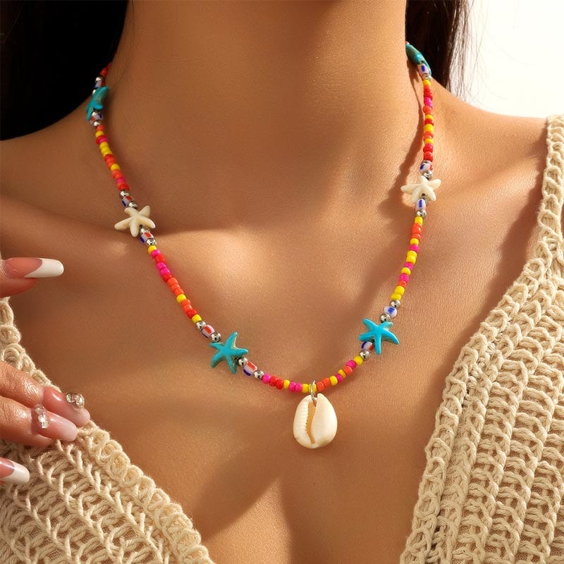 Mixed Color Rice Pearl Shell Starfish Necklace | NueShiny