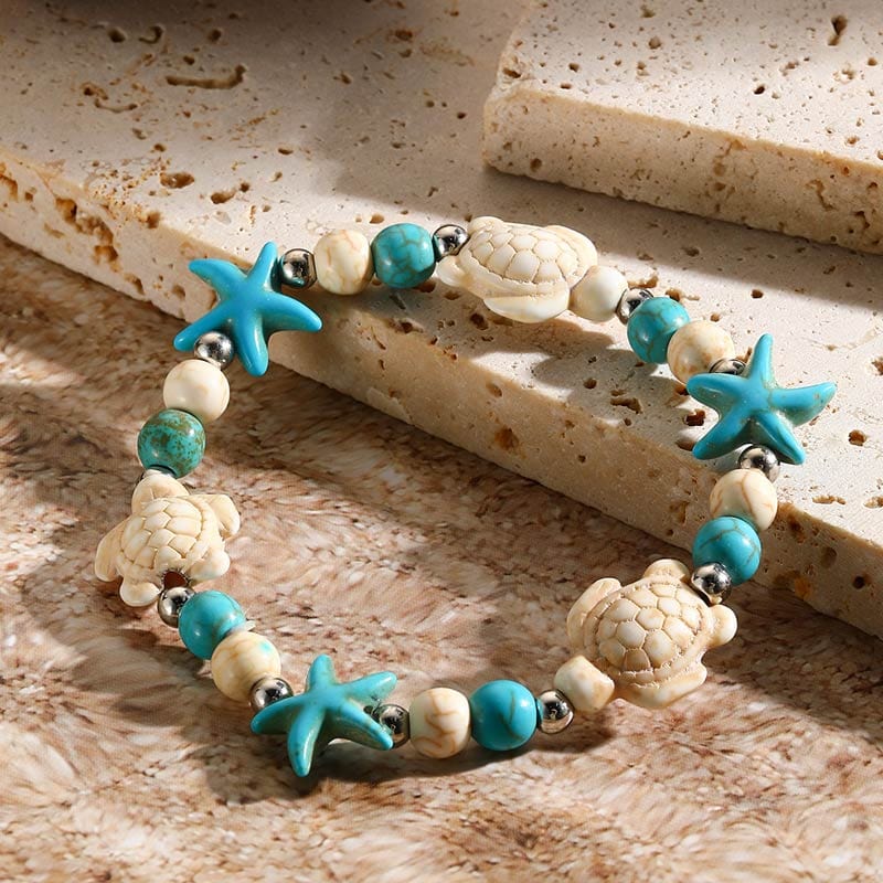 Green Turtle and White Starfish Beaded Bracelet | NueShiny