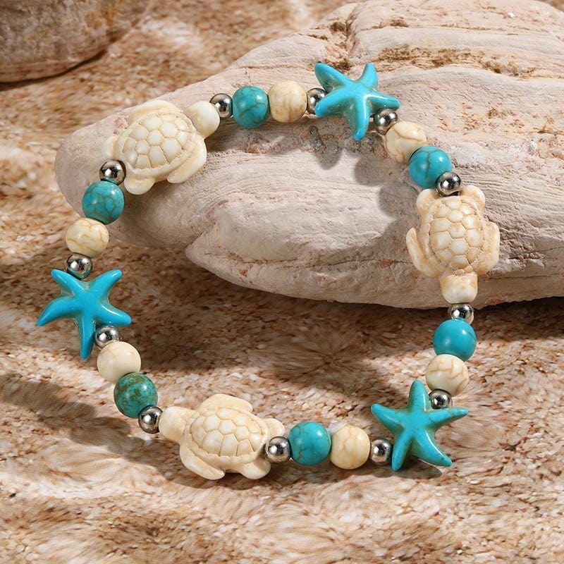 Green Turtle and White Starfish Beaded Bracelet | NueShiny