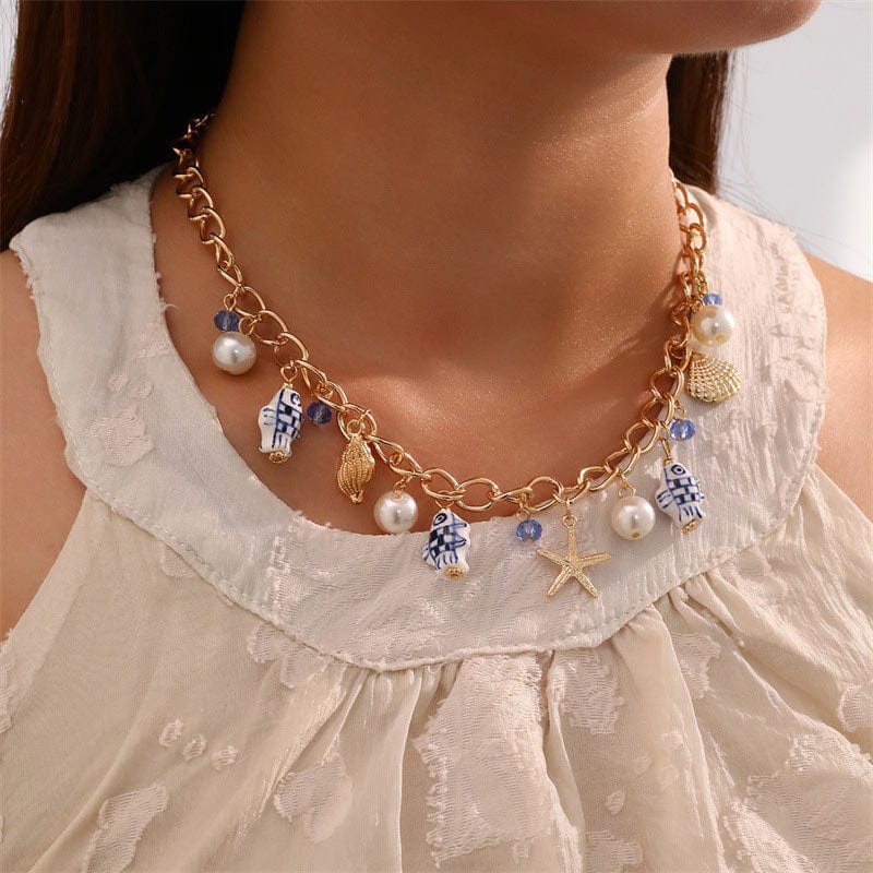 Seashell And Starfish Pearl Necklace | NueShiny