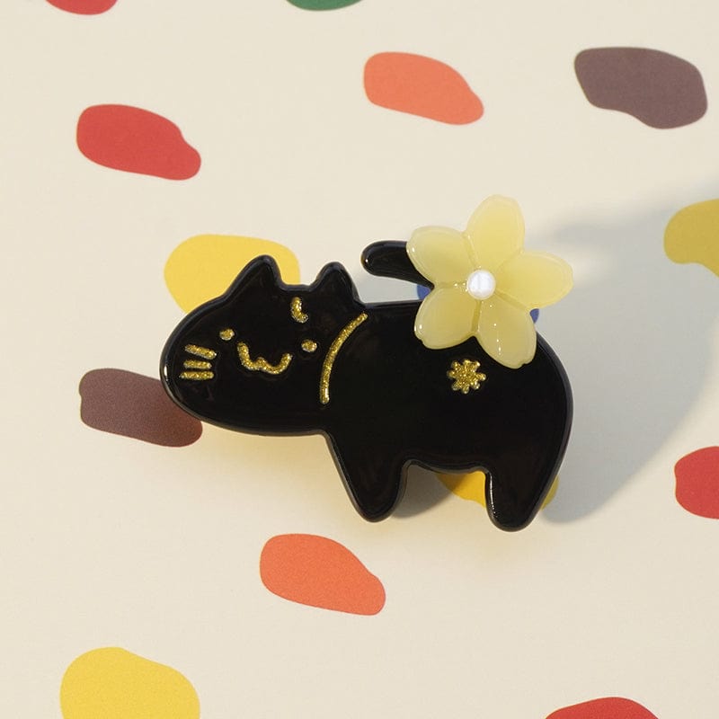 Kitten Cat Flower Edge Clip Barrette-Black