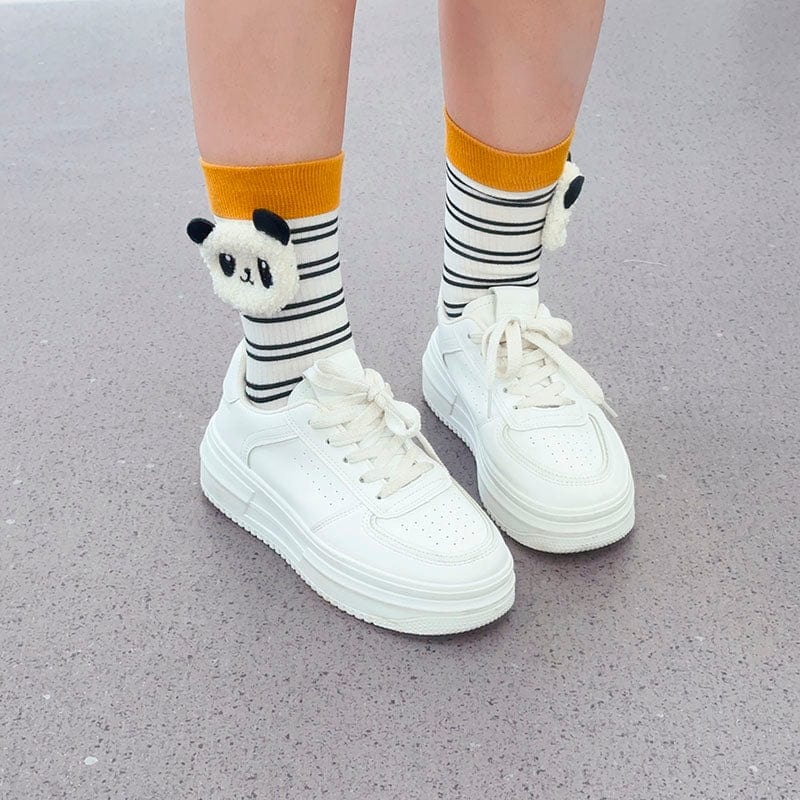 White Cartoon Striped Panda Socks丨NueShiny